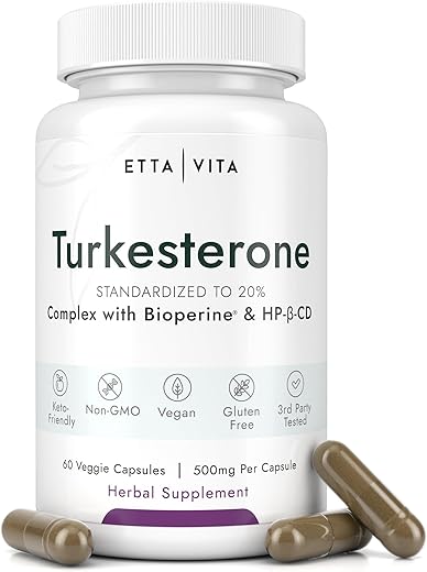 Etta Vita - Potente Suplemento de Turkesterona, 2X Puro (Fabricado nos EUA – Testado por Terceiros) Suporte Natural e Altamente Bioacessível para Testosterona, Energia, Crescimento Muscular Magro, Recuperação e