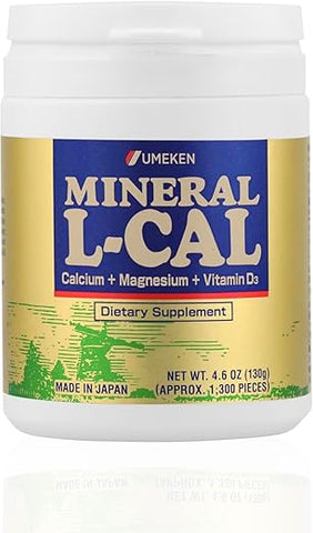 Mineral L-Cal – Frasco Pequeno, 2 Meses de Suprimento, Enriquecido com Magnésio, Vitamina D3 e Minerais, 130g, 1300 Bolinhas (Pacote de 1) - Umeken