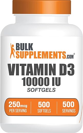 BulkSupplements - Vitamina D3 10000UI Softgels – Cholecalciferol, Suplemento de Vitamina D, 10000 UI de Vitamina D – 1 Softgel de Vitamina D3 (250mcg de Vitamina D) por Porção – Suprimento de 500 Dias