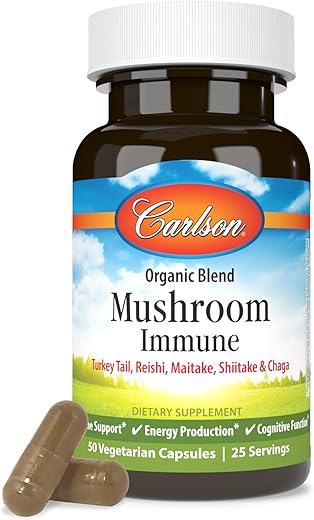 Complexo de Cogumelos Orgânicos com Turkey Tail, Reishi, Maitake, Shiitake, Chaga, 50 Cápsulas Vegetarianas - Carlson