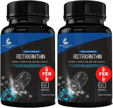 Research Labs - Pesquisa Labs Astaxantina Natural 12mg Softgels Extra Frasco Óleo de Coco Orgânico para Absorção Aprimorada Antioxidante Poderoso Suporta Olhos e Articulações