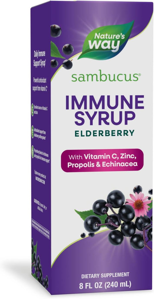 Nature's Way - Nature’s Way Sambucus Elderberry Immune Syrup – Suporte Diário ao Sistema Imunológico, Extrato de Sabugueiro Negro, Vitamina C, Zinco, Equinácea, Própolis, 240 ml (Embalagem Pode Variar)