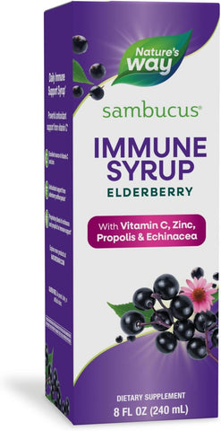 Nature's Way - Nature’s Way Sambucus Elderberry Immune Syrup – Suporte Diário ao Sistema Imunológico, Extrato de Sabugueiro Negro, Vitamina C, Zinco, Equinácea, Própolis, 240 ml (Embalagem Pode Variar)