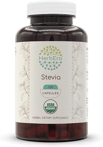 HerbEra - Stevia Orgânica USDA 120 Cápsulas | Suplemento Herbal Natural | Cápsulas Vegetarianas Orgânicas Certificadas e Folha Seca de Stevia Orgânica (Stevia Rebaudiana) (120 Cápsulas)