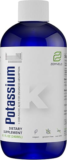 Zemvelo - Suplemento de Citrato de Potássio Líquido Iônico | Eletrólito de Potássio | Apoio ao Coração Saudável | Equilíbrio do pH Intestinal | Apoio à Saúde Muscular | 240ml, 48 Dias de Fornecimento