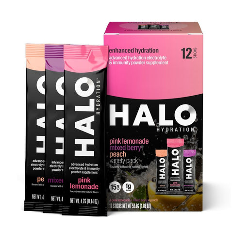 HALO Sport - HALO Hydration – Mistura de Bebida Eletrolítica | Sachês de Pó para Hidratação | Pack Variado (Limão Rosa, Pêssego, Frutas Vermelhas) – Para Esportes e Ciclismo | Embalagem Individual de Fácil Abertura | 12 Sachês