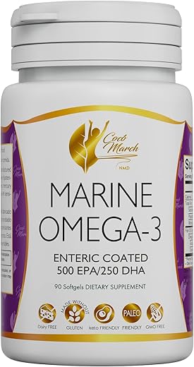 Cocó March N.M.D - Coco March Marine Omega-3 – ALTA POTÊNCIA 500 mg EPA / 250 mg DHA Revestido Entérico, Sem Sabor de Peixe, Sem Glúten, Sem Lactose, Amigo do Paleo, Amigo do Keto, Livre de Transgênicos – 3 MESES
