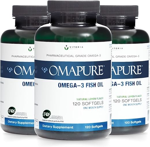 OMAPURE - Óleo de Peixe com Ômega 3 (3 Frascos, 120 Cápsulas) – Alto EPA, DHA