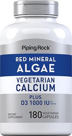 Alga Mineral Vermelha | Cálcio Vegetariano | 180 Cápsulas | Base Vegetal + Minerais Traços | D3 1000 UI | Suplemento Sem OGM e Glúten - Piping Rock