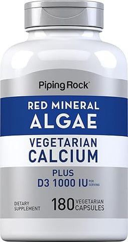 Alga Mineral Vermelha | Cálcio Vegetariano | 180 Cápsulas | Base Vegetal + Minerais Traços | D3 1000 UI | Suplemento Sem OGM e Glúten - Piping Rock