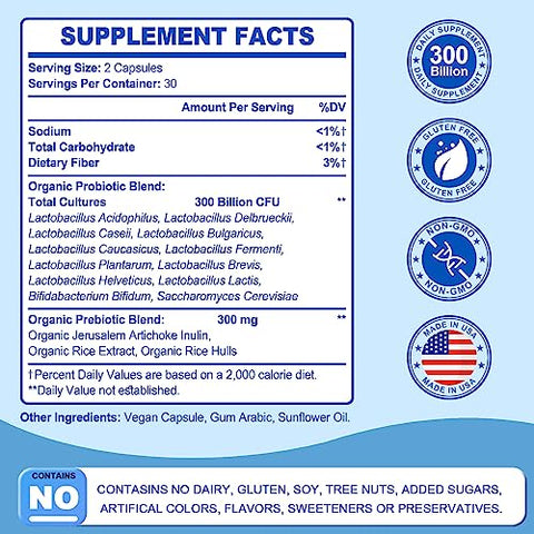 Linkvibe - Probiótico 300 Bilhões UFC – 12 Cepas Probióticas com Prebióticos Orgânicos para Digestão | Marca: Probiotic 300 Billion CFU