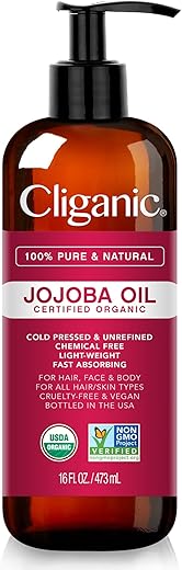 Óleo de Jojoba Orgânico Cliganic USDA 473ml com Bomba, 100% Puro | Atacado, Óleo Hidratante para Rosto, Cabelo, Pele