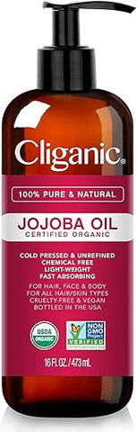 Óleo de Jojoba Orgânico Cliganic USDA 473ml com Bomba, 100% Puro | Atacado, Óleo Hidratante para Rosto, Cabelo, Pele