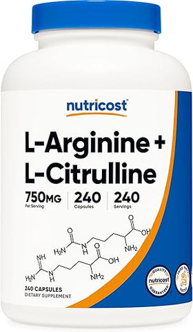 Complexo L-Arginina L-Citrulina 750mg, 240 Cápsulas – Não-OGM | Nutricost L-Arginina L-Citrulina 750mg, 240 Cápsulas - Nutricost