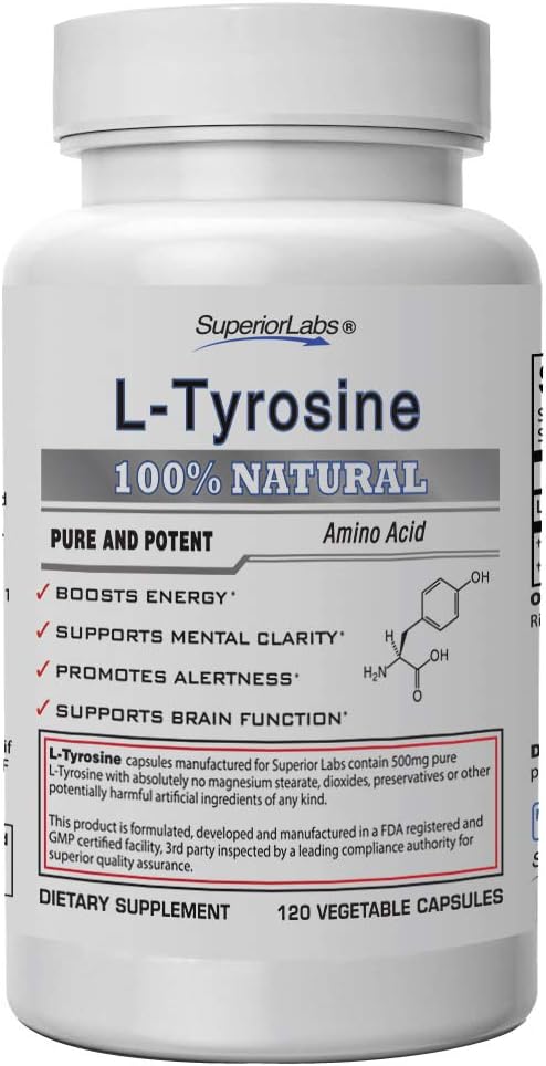 L-Tyrosine Natural Puro NonGMO – 500 mg, 120 Cápsulas Vegetais – Suporte para Clareza Mental – Estimula a Alerta – Aumenta a Energia – Suplemento Alimentar para Calmaria - Superior Labs