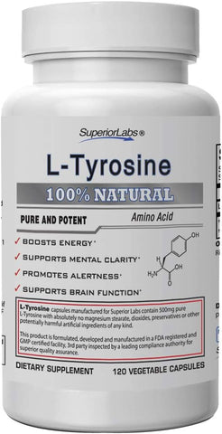 L-Tyrosine Natural Puro NonGMO – 500 mg, 120 Cápsulas Vegetais – Suporte para Clareza Mental – Estimula a Alerta – Aumenta a Energia – Suplemento Alimentar para Calmaria - Superior Labs