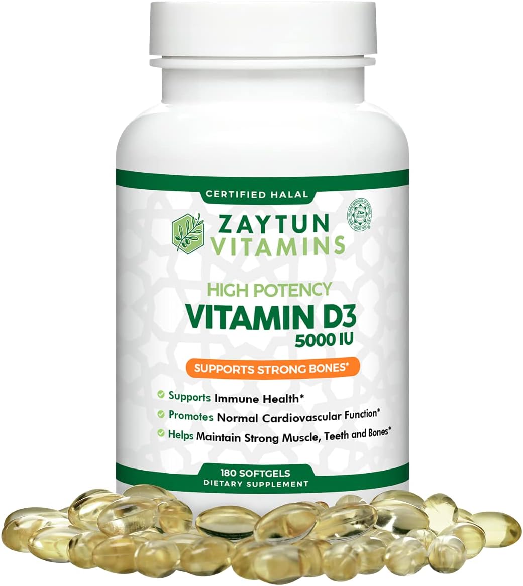 Zaytun Vitamins - Zaytun Halal Vitamina D3 5000 UI, 180 Mini Softgels, Suporte para ossos, Função muscular saudável