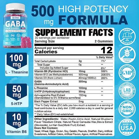 Nextdia - GABA Gummies 500 mg – Gomas Calmantes sem Açúcar com L Teanina, 5-HTP, Vitaminas D3, B12, Ashwagandha, Livre de Melatonina para Calma Mental, Humor, Melhor Sono, Suplemento de GABA para Adultos