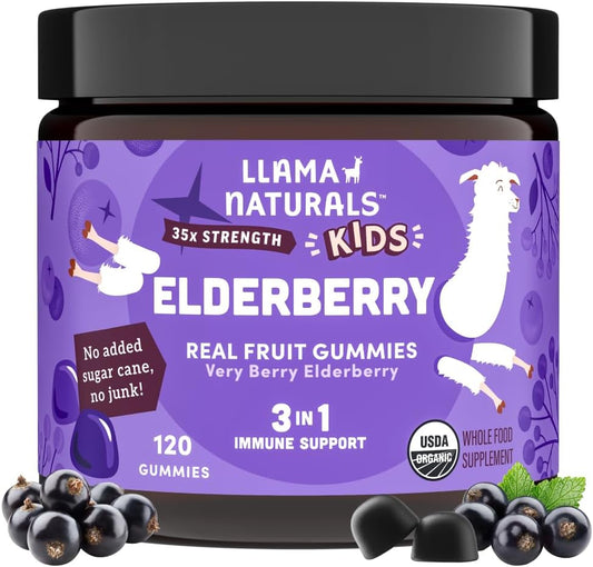 Gomas de Sabugueiro Sambucus de Frutas Reais para Crianças, Sem Açúcar Adicionado, Vegano, Suporte Imunológico Orgânico para Crianças, Zinco - Llama Naturals