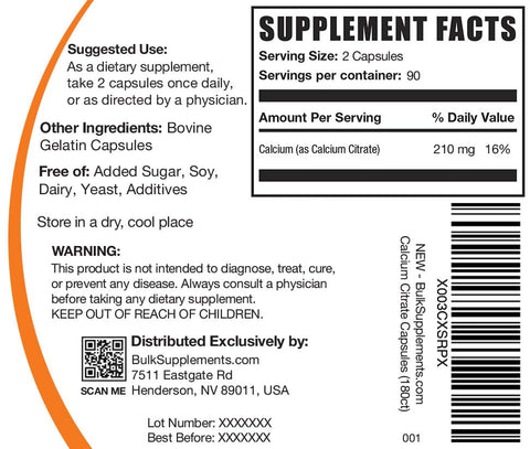 com Cápsulas de Citrato de Cálcio – Suplemento de Citrato de Cálcio – Suplementos de Cálcio – Cápsulas de Citrato de Cálcio – Cápsulas de Cálcio – 2 Cápsulas (210mg de Cálcio) por - BulkSupplements