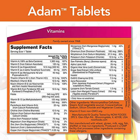 NOW Foods - Now Foods Adam – Vitaminas Masculinas Multivitamínico 120 Tabs – Marca Líder em Saúde Masculina