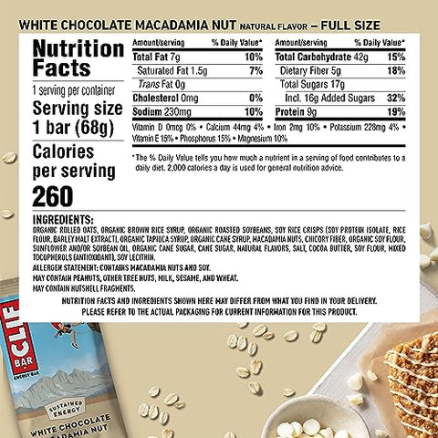 Clif Bar - CLIF BAR – Barra de Energia Sabor Macadâmia com Chocolate Branco – Tamanho Grande e Mini – Feita com Aveia Orgânica – Não-OGM – Baseada em Plantas – 68g e 28g (20 Unidades)