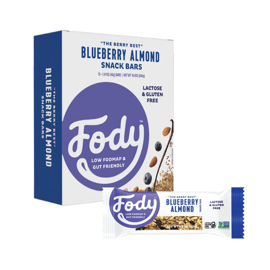 Barras de Proteína Vegana Fody Foods | Snack Bar com 3g de Proteína | Certificado Low FODMAP | Amigável ao Intestino e IBS | Sem Glúten, Lactose e GMO | Barras de Amêndoa e Mirtilo, 12 unidades