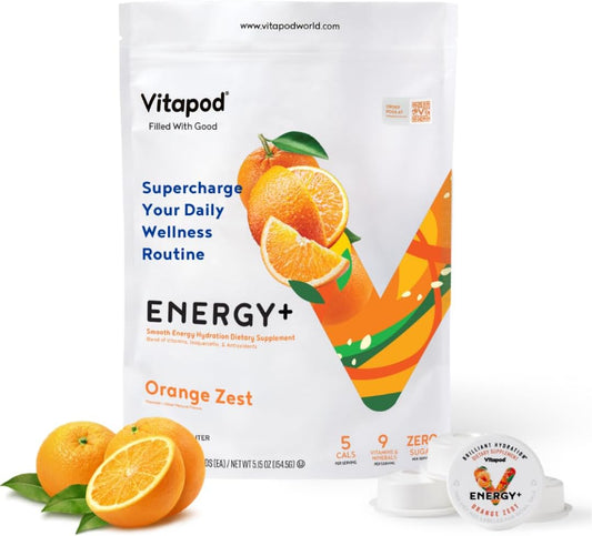 Energy Orange Zest – Mistura de Bebida Energética Saudável com Cafeína – 30 Cápsulas – Eletrólitos, Antioxidantes, Vitamina D, A, E, C – Potencializador de Água - Vitapod