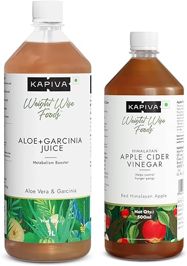 Combo Emagrecedor | Suco de Aloe Vera Garcinia Kapiva 1L, Vinagre de Maçã Kapiva 500ml | Bebidas Ayurvédicas para Gerenciamento de Peso | Auxilia na Desintoxicação e Circulação Sanguínea