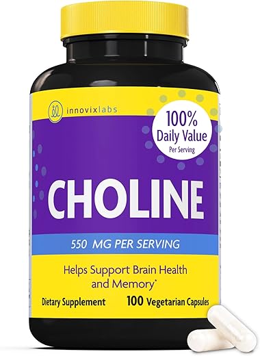 Choline 550mg – Suplemento Puro de Bitartarato de Colina para Saúde Cerebral, Foco, Memória, Desenvolvimento Cognitivo, Fígado Gorduroso e Suporte de Humor para Mulheres e Homens – 100 Cápsulas - InnovixLabs