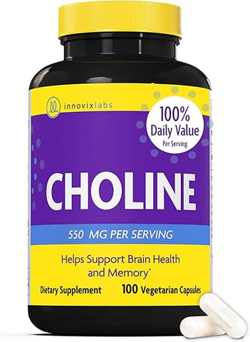 Choline 550mg – Suplemento Puro de Bitartarato de Colina para Saúde Cerebral, Foco, Memória, Desenvolvimento Cognitivo, Fígado Gorduroso e Suporte de Humor para Mulheres e Homens – 100 Cápsulas - InnovixLabs