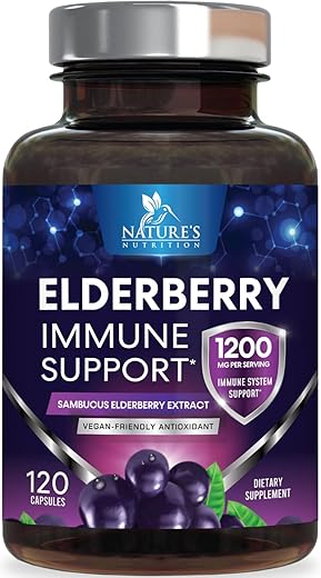 Nature's Nutrition - Cápsulas de Extrato 10:1 de Sabugueiro para Suporte Imunológico – Suplemento Diário de Suporte Imunológico para Adultos, Vitaminas Naturais de Sabugueiro Preto Sambucus, Vegano, Sem Açúcar