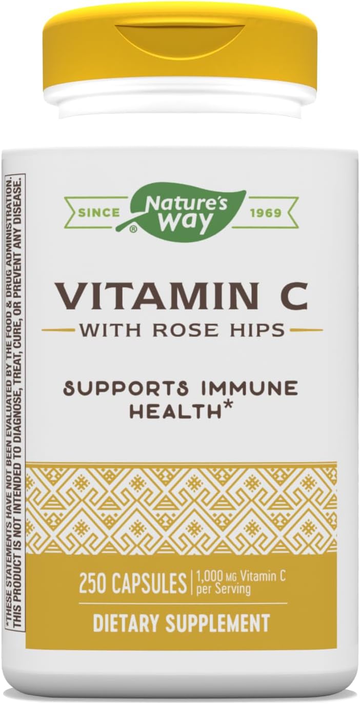Nature's Way - Vitamina C Nature’s Way com Rose Hips – Proteção Antioxidante Poderosa – Suporte à Função Imunológica – Fortalece o Colágeno para uma Pele Saudável – Livre de Glúten – 250 Cápsulas