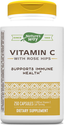Nature's Way - Vitamina C Nature’s Way com Rose Hips – Proteção Antioxidante Poderosa – Suporte à Função Imunológica – Fortalece o Colágeno para uma Pele Saudável – Livre de Glúten – 250 Cápsulas