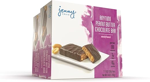Barras Jenny Craig Anytime, 14 unidades, Sabor de Manteiga de Amendoim e Chocolate, Vegetarianas, 130 Calorias, 6g Gordura Total, 3g Fibra Alimentar, 10g Proteína