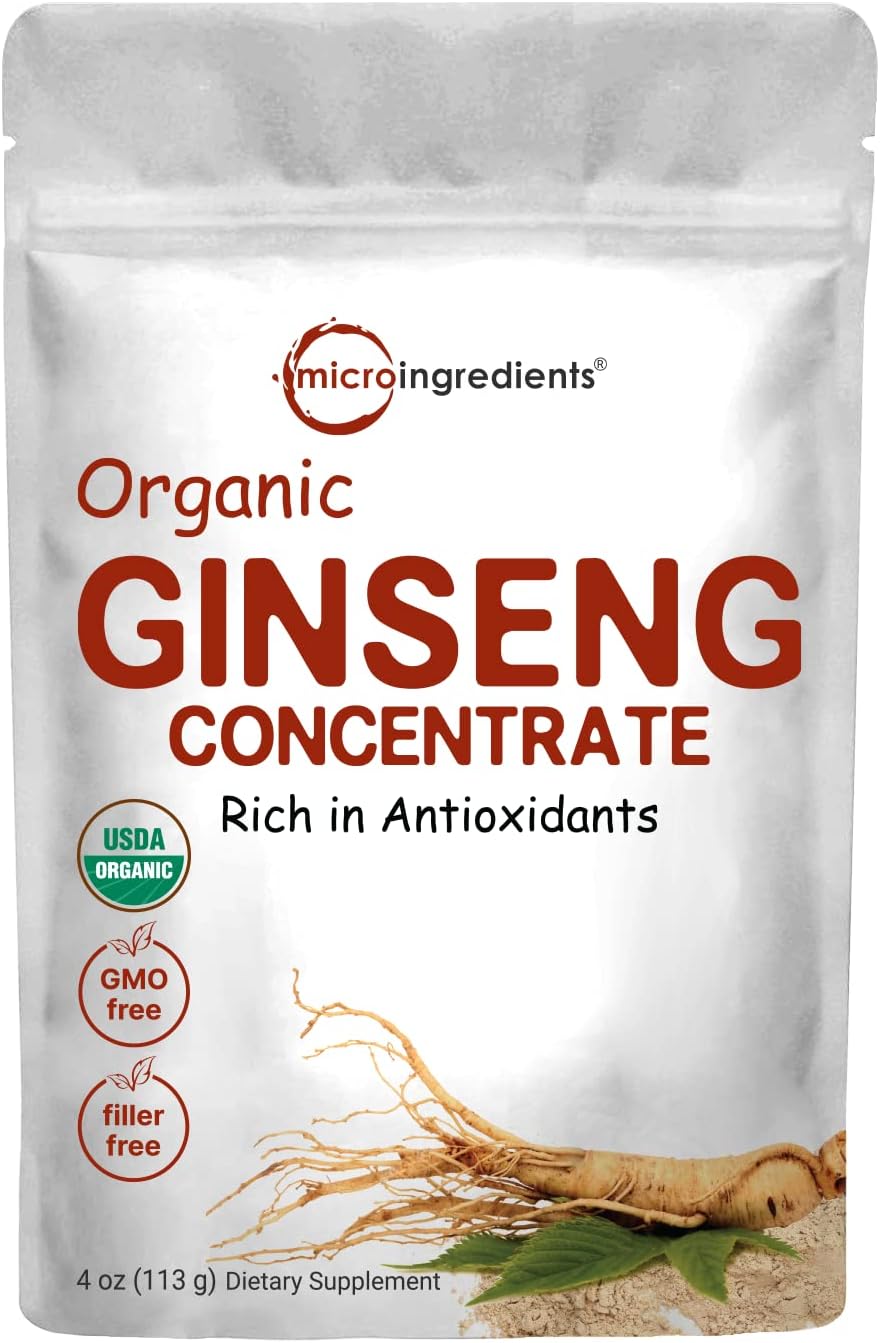 Ginseng Coreano Orgânico em Pó 200:1, 4 Ounces (113g) – Potência Máxima, Ginsenosídeos Ativos, Vegano - Micro Ingredients