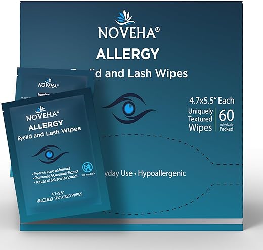 60 Unidades Lenços para Alívio de Alergia nas Pálpebras | Pads de Limpeza Ocular Hipoalergênicos Pré-umedecidos, Reduz Coceira e Vermelhidão - NOVEHA