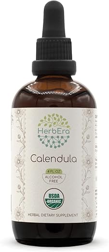 HerbEra - Calendula B120 Tintura Orgânica USDA | Extrato Livre de Álcool, Gotas de Ervas de Alta Potência | Calêndula Orgânica Certificada (Calendula Officinalis) Flor Seca (120 ml)