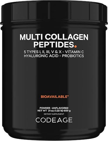 Multi Colágeno Peptídeos Probióticos Edição Black, Vitamina C, Ácido Hialurônico em Pó, Alimentação Natural, Hidrolisado, Zero Carboidratos, Tipo I, II, III, V - Codeage