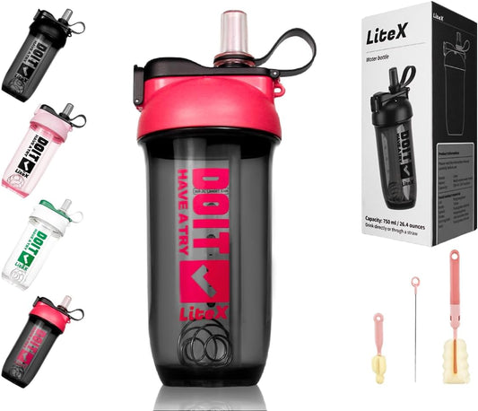 Shaker Bottles para Shake de Proteína, 26oz Blender Shaker Bottle para Pré-Treino, Copos Shaker com Canudo, Garrafas Misturadoras BPA-free Tritan para Pó de Proteína, com Escova para Copo e - Litex