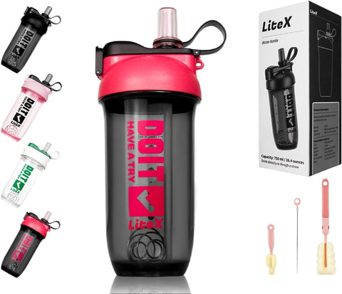 Shaker Bottles para Shake de Proteína, 26oz Blender Shaker Bottle para Pré-Treino, Copos Shaker com Canudo, Garrafas Misturadoras BPA-free Tritan para Pó de Proteína, com Escova para Copo e - Litex