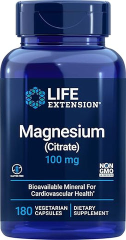Magnesium Citrate 100mg – 180 Cápsulas Vegetais – Suplemento Natural de Magnésio – Suporte Mineral 100 mg – Vegano, Vegetariano, Não-OGM - Life Extension
