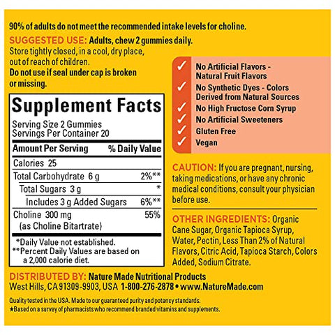 Gomas Veganas de Colina – Suporte à Saúde do Fígado, Sistema Nervoso e Cérebro – 40 Unidades – 20 Dias de Fornecimento - Nature Made