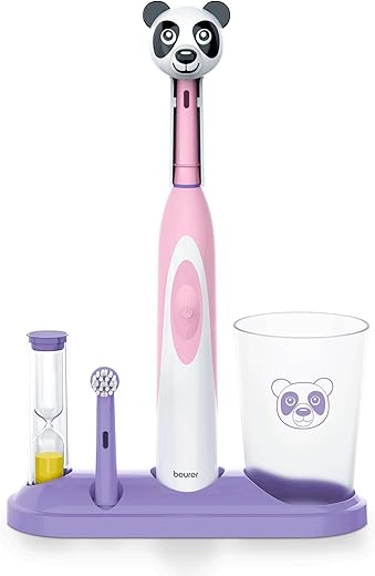Kit Escova Elétrica Infantil Beurer TB10 – Boné Divertido Polly The Panda com 2 Cabeças de Escova Extra-Macias para Remover Placa, Temporizador de 2 Minutos e Copo de Enxágue, Livre de BPA, Seguro para Crianças a partir de 3 Anos