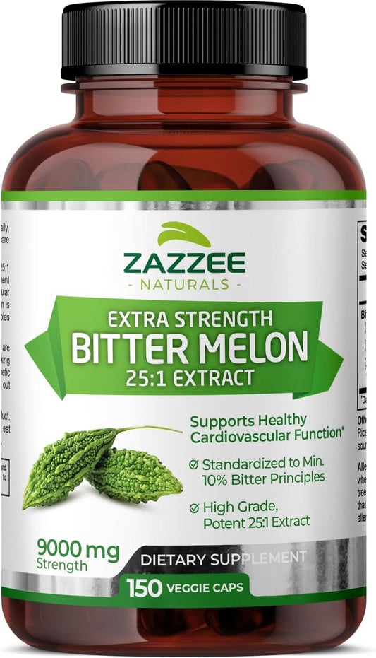 Bitter Melon Extra Forte 25:1 Extrato, 9000 mg Potência, 10%% Princípios Amargos, 150 Cápsulas Veganas, Extrato Padronizado e Concentrado 25X, 100%% Vegetariano - Zazzee