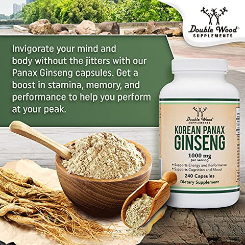 Double Wood Supplements - Cápsulas de Ginseng (Extrato de Ginseng Vermelho Coreano, Panax Ginseng 10%% Ginsenosides) (Fornecimento de 4 Meses) 240 Cápsulas Veganas – 1.000mg por Porção para Humor, Função Cognitiva e Energia