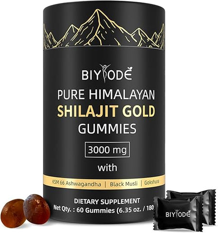 BIYODE - Gummies de Shilajit Puro do Himalaia: Rico em Ashwagandha Gaulshura Ácido Fulvico 85 Micronutrientes Adequado para Homens e Mulheres Sem Açúcar Adicionado Não-OGM 100% Natural Orgânico 60 Gummies