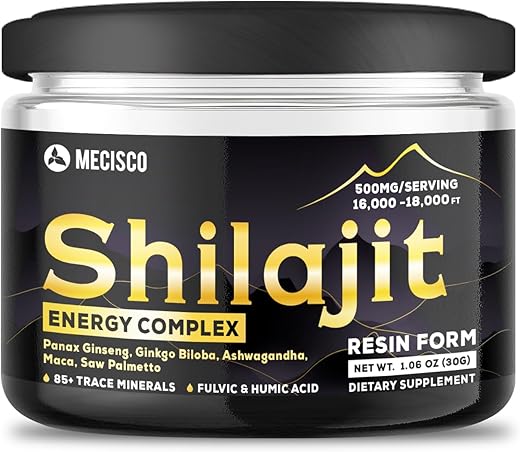 Mecisco - Resina Orgânica Pura do Himalaia Shilajit com Complexo Energético – Raiz de Panax Ginseng, Folha de Ginkgo Biloba | 100% Natural | 30g