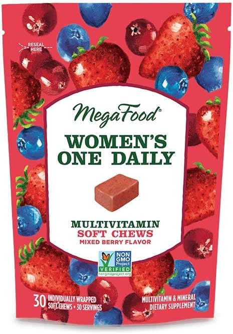 Women’s One Daily Soft Chews – Multivitamina para Mulheres com Ácido Fólico, Vitamina B6, Vitamina B12, Biotina, Vitamina D – Sabor de Frutas Vermelhas – Vegetariano, Não-OGM – 30 gomas - MegaFood