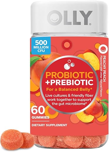 Gummy Probiótico Prebiótico, Suporte Digestivo e Saúde Intestinal, 500 Milhões de UFCs, Fibra, Suplemento Mastigável para Adultos, Pêssego, 60 Dias de Fornecimento – 60 Unidades - OLLY